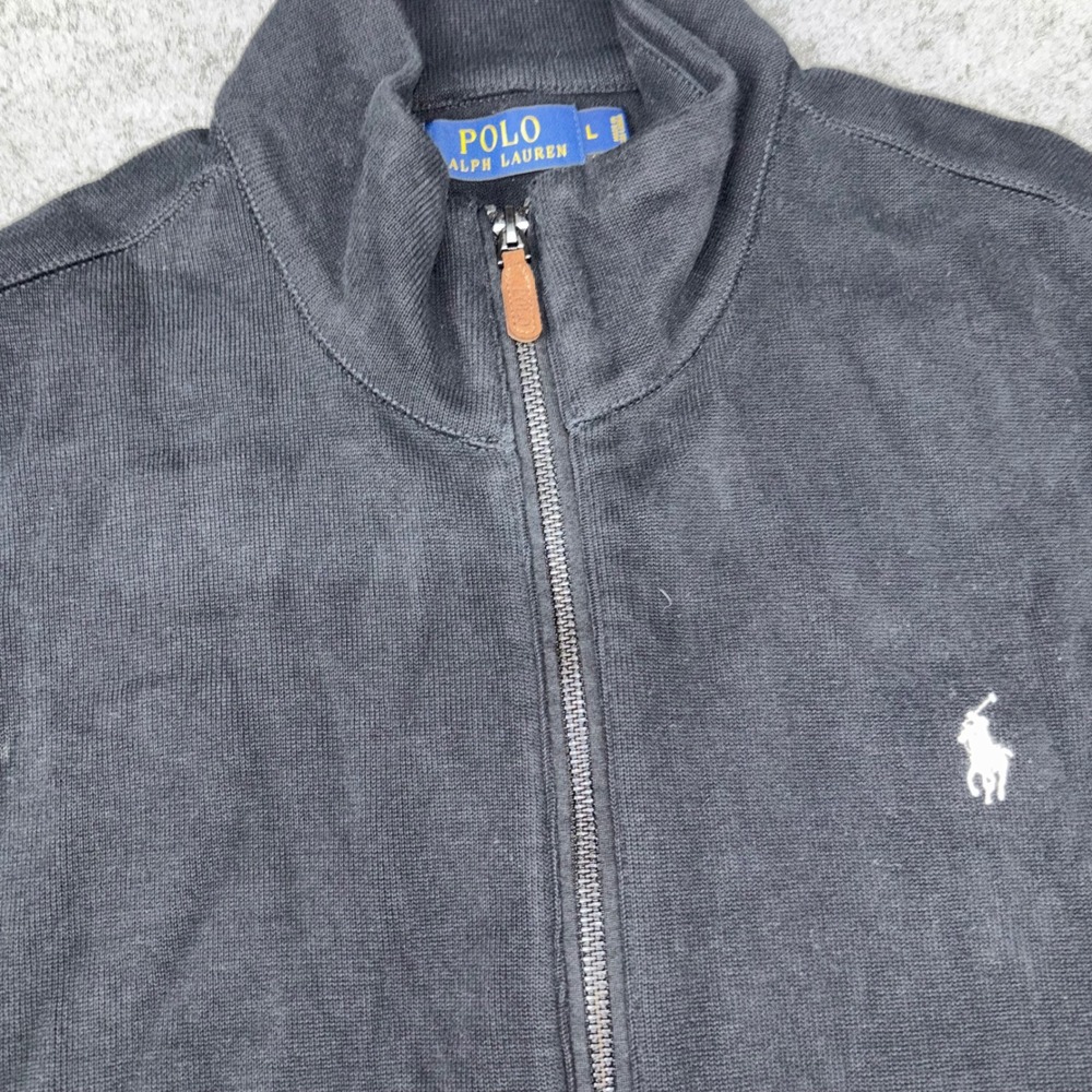 Polo Ralph Lauren Full Zip Vest Mens Large Black Cotton Knit Mock Neck Pony Logo